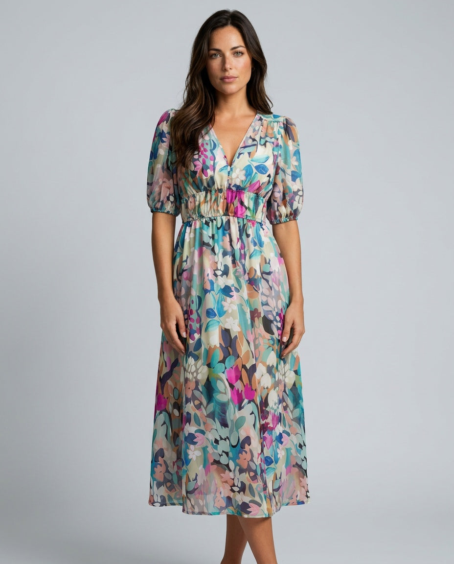 Puff Sleeve Midi Dress Women – V-Neck Pleated Abstract Dress