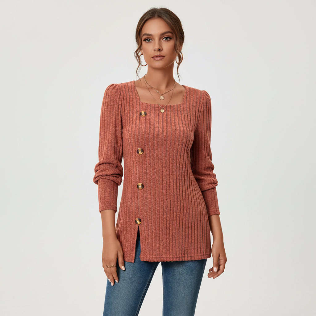 Long Sleeve Knit Top Women – Ribbed with Knot Detail