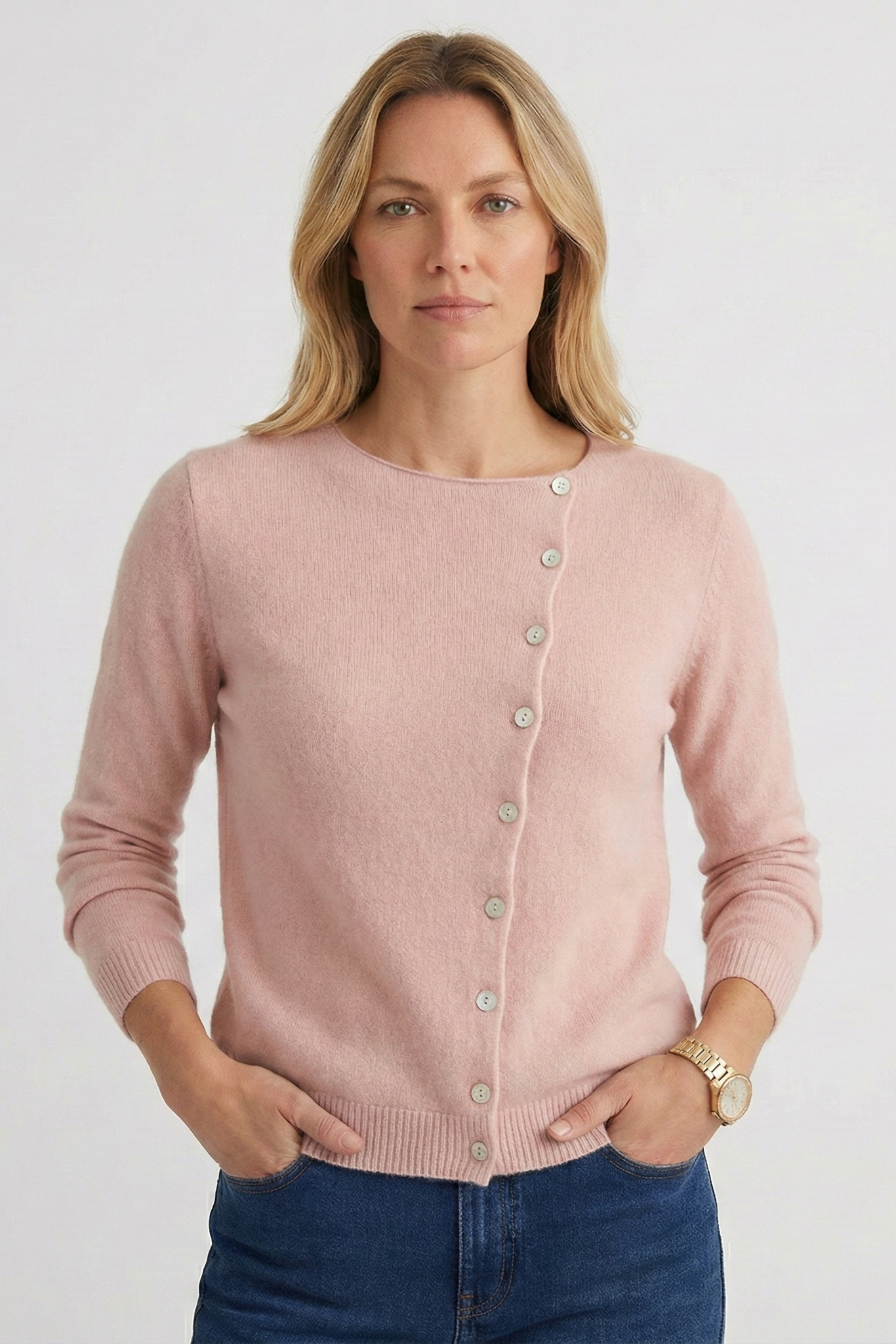 Knit Jumper Women – Fine Button Front with Round Neck