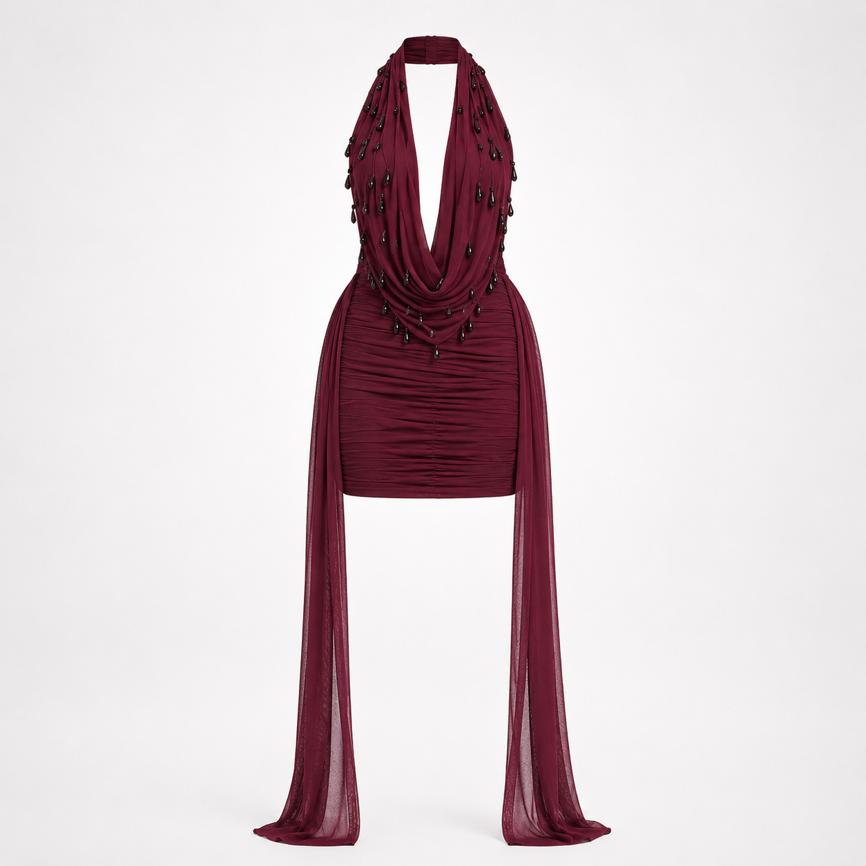 Formal Dress Women Burgundy – Embellished Halter Cowl Neck Mini, Cocktail