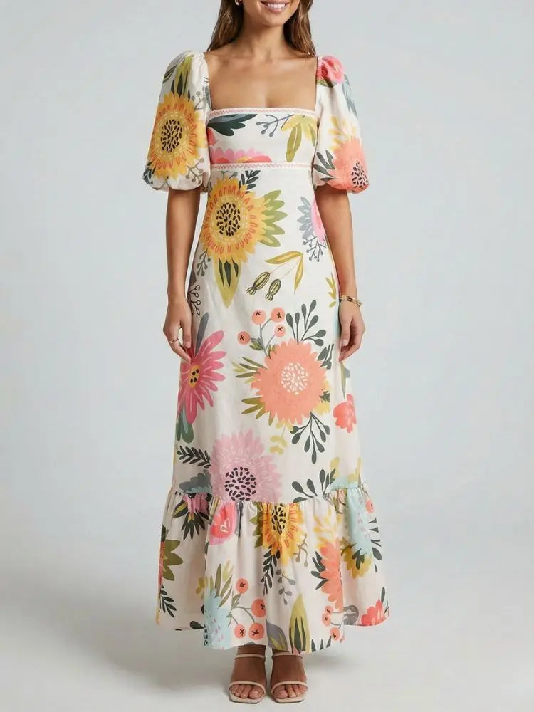 Clara Maxi Kjole Dame Blomstret Puffærmer – Firkantet Udskæring Sommer  Panorla