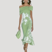 Bianca Midi Kjole Dame Off-Shoulder Blomstret – Fitted Stræk Fest