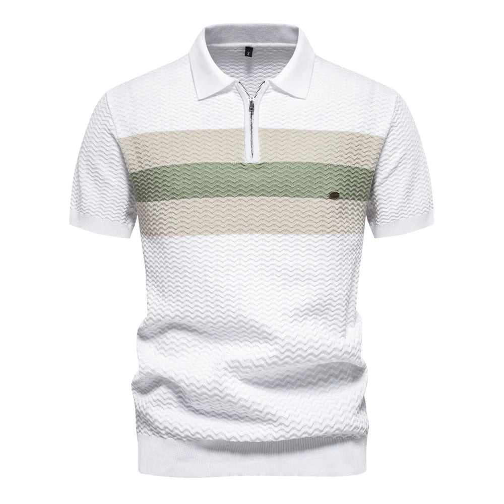 Moderne Polo Shirt Til Mænd Med Lynlås, Stribet Design Og Komfortabel Pasform 0