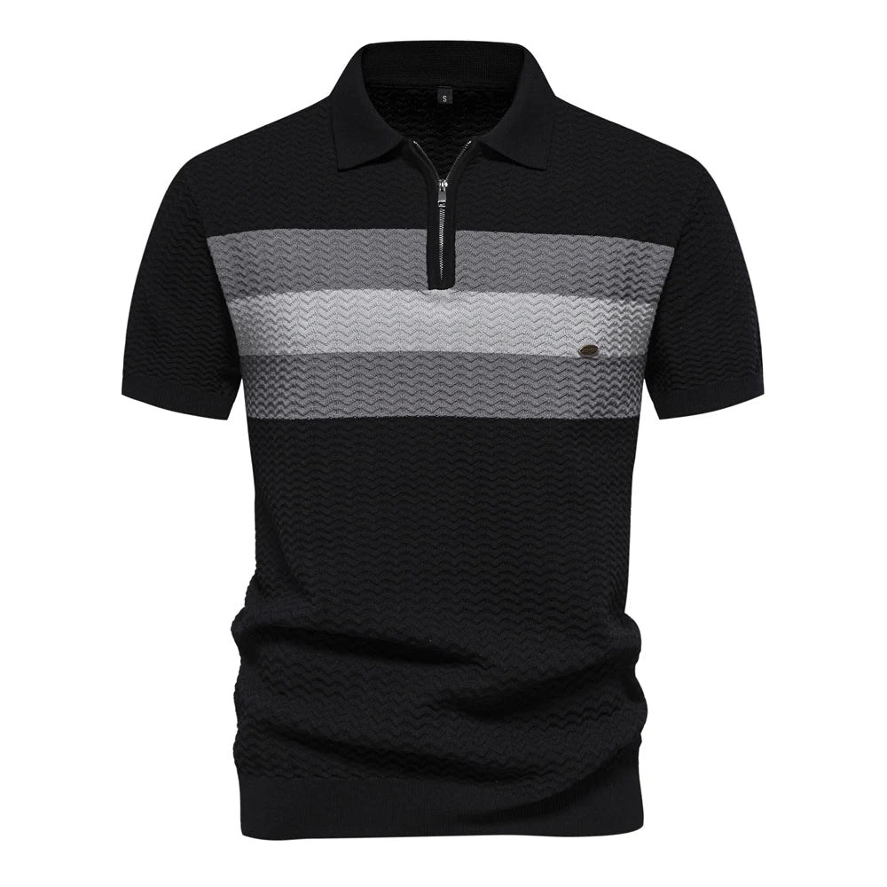 Moderne Polo Shirt Til Mænd Med Lynlås, Stribet Design Og Komfortabel Pasform 1