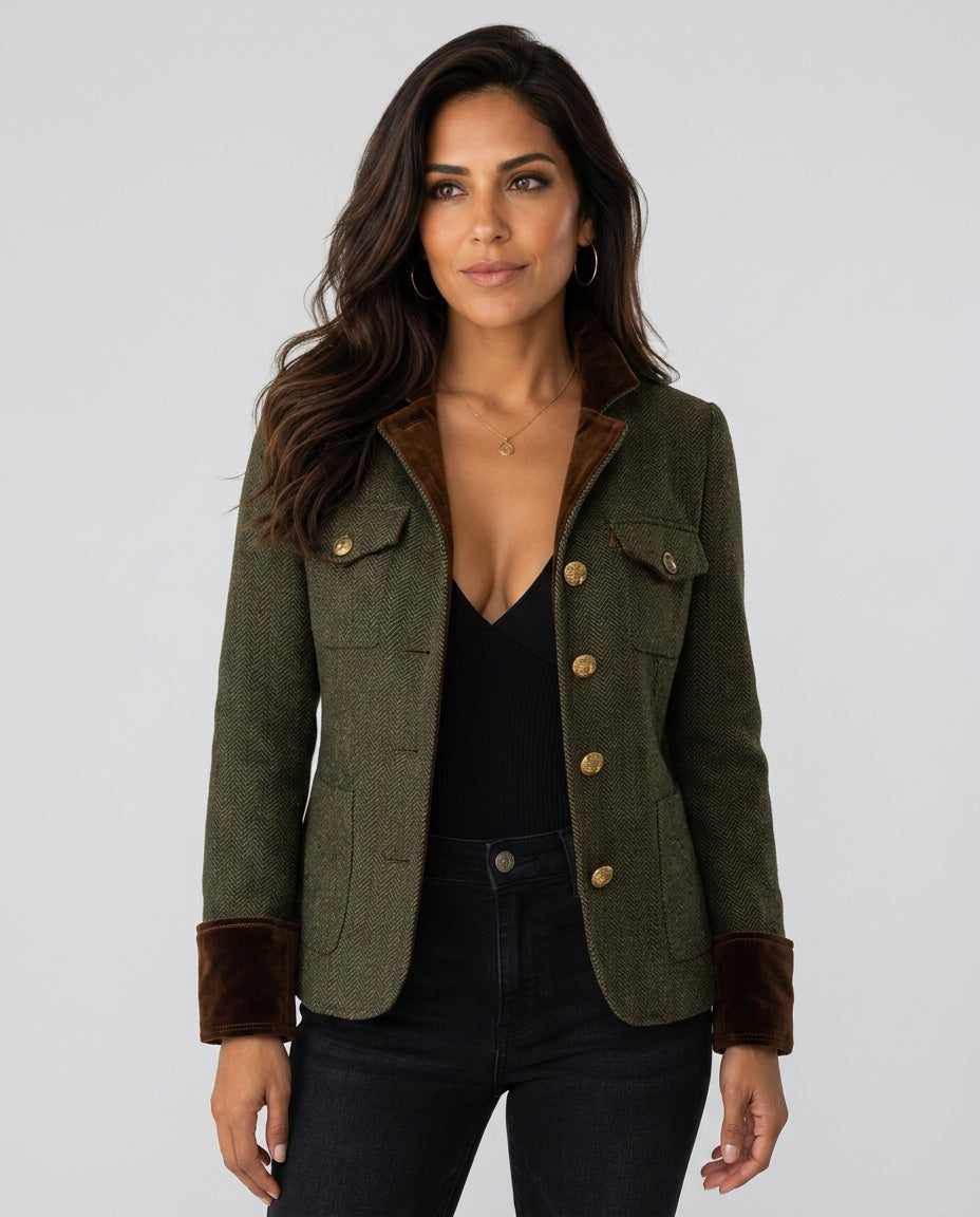Herringbone Blazer Women – Contrast Trim Tailored Jacket