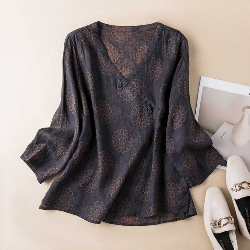Paisley Bluse Dame – V-Hals Langærmet Hverdagsbluse