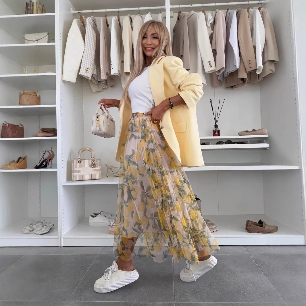 Chiffon Maxi Nederdel med Elastisk Talje & Citronprint | Let og Luftig Sommerstil 1