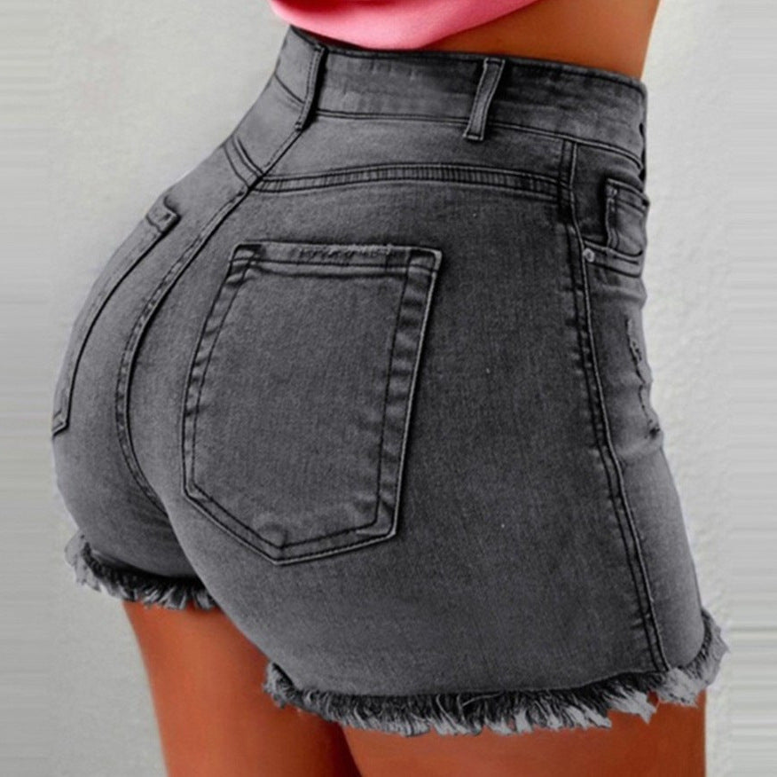 Højtaljede Denim Shorts Dame – Flossede Vaskede Jeans Shorts