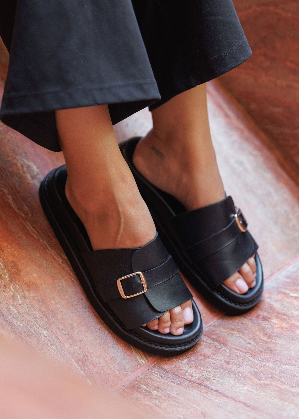 Leather Slide Sandals Women – Adjustable Strap, Soft Footbed