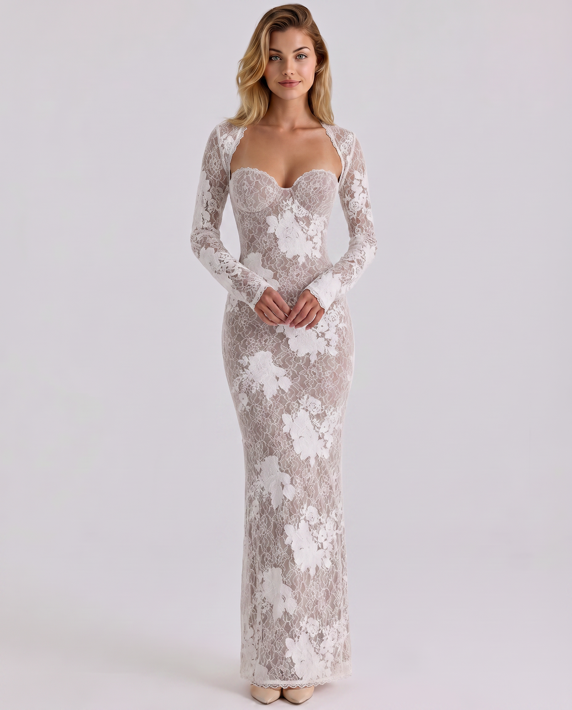 Lace Maxi Dress Women – Long Sleeve Formal Wedding Guest Gown