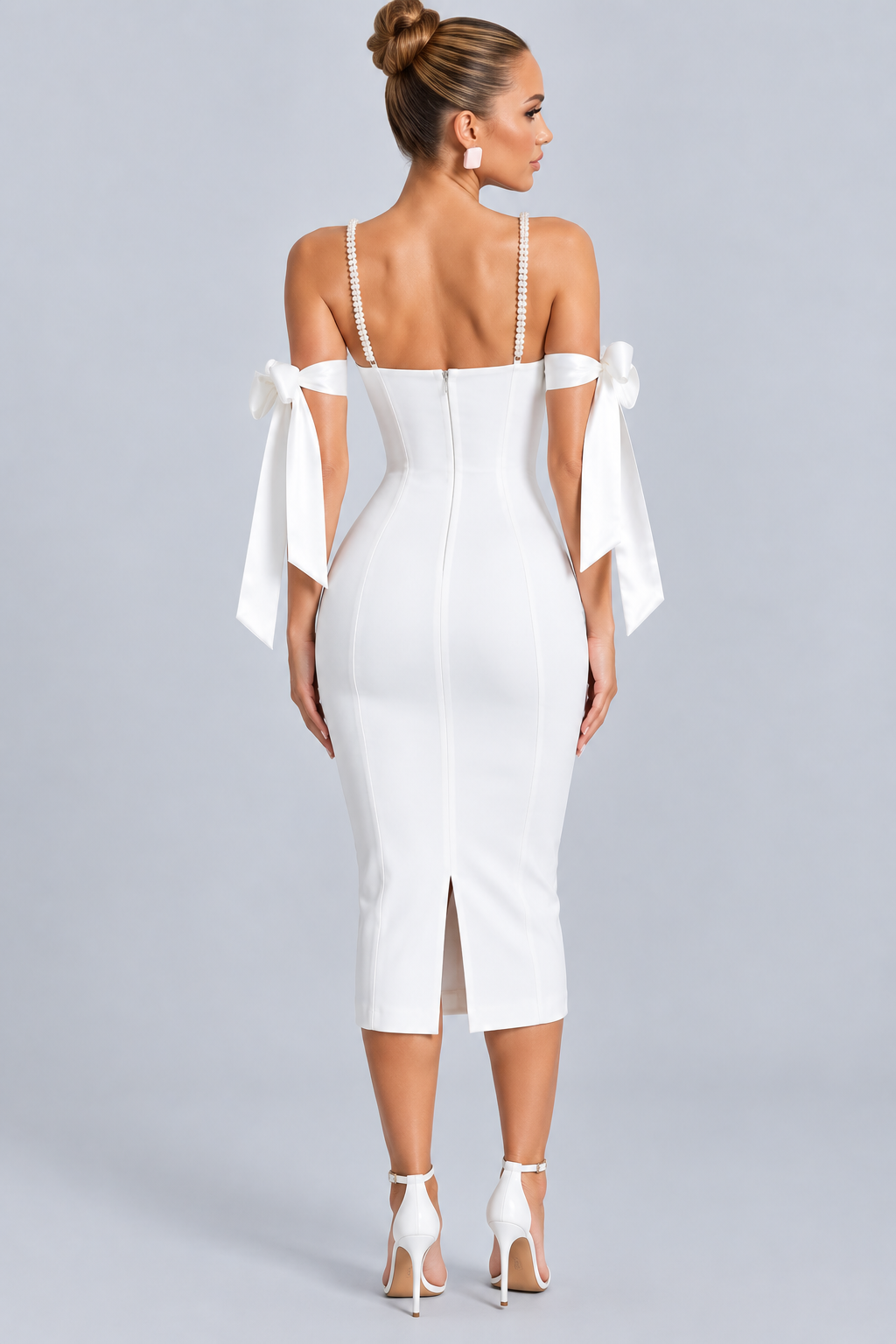 Zdobiona Sukienka Midi Damska – Perłowe Ramiączka, Bodycon na Imprezę