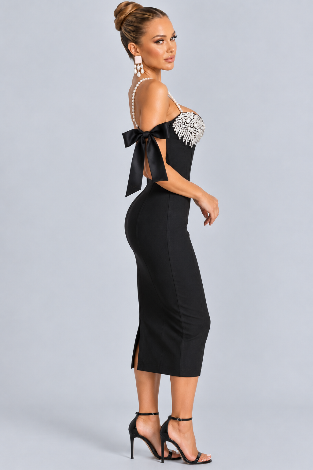 Zdobiona Sukienka Midi Damska – Perłowe Ramiączka, Bodycon na Imprezę