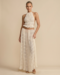 Women's Two Piece Set – Halter Top & Maxi Skirt | Lightweight Textured Resort Outfit, Ivory