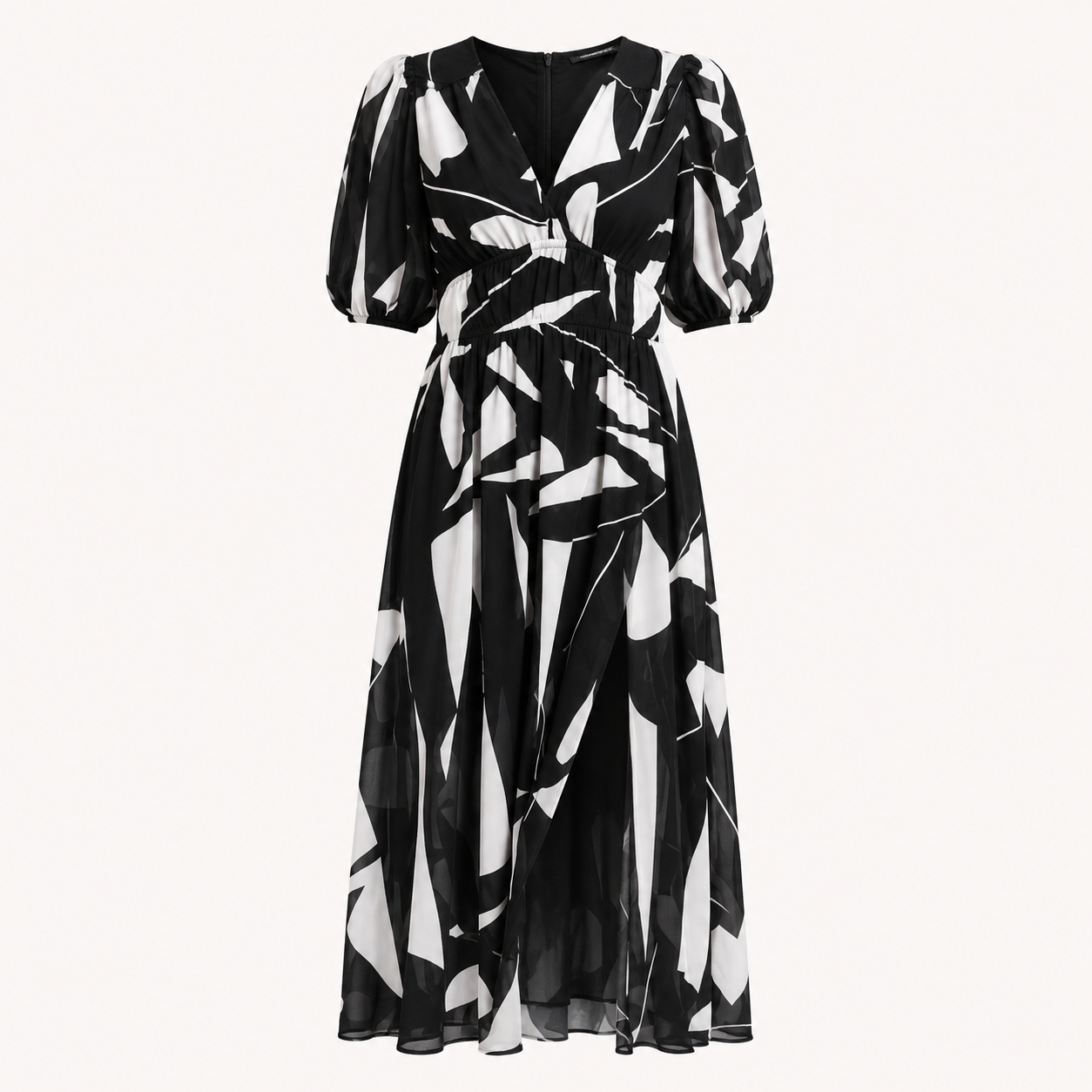 Puff Sleeve Midi Dress Women – V-Neck Pleated Abstract Dress