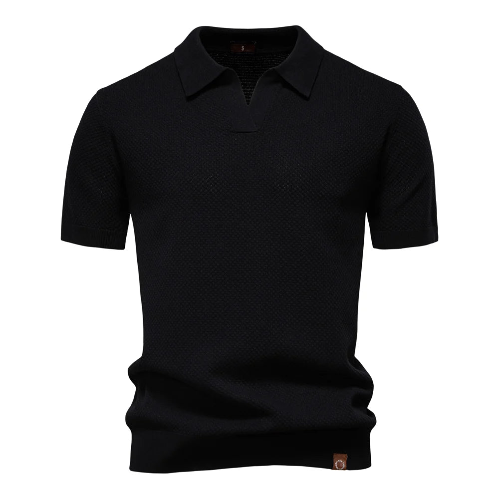 Premium Herre Kortærmet Strik Polo Shirt med Tekstureret Design 1