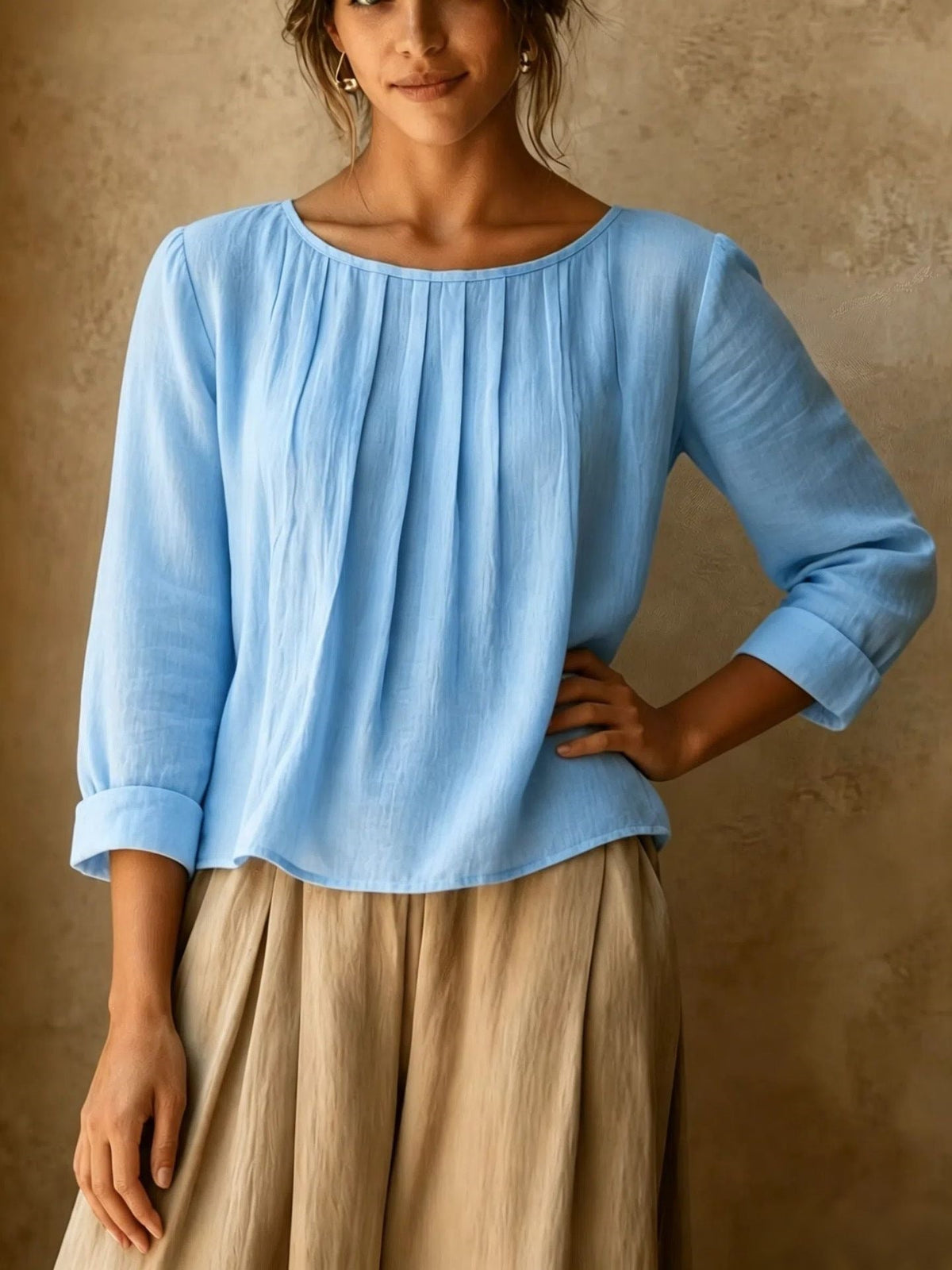 Linned Bluse Dame med Plissé – Trekvart Ærmer Sommerbluse