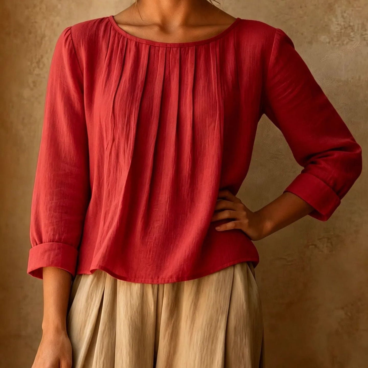 Linned Bluse Dame med Plissé – Trekvart Ærmer Sommerbluse