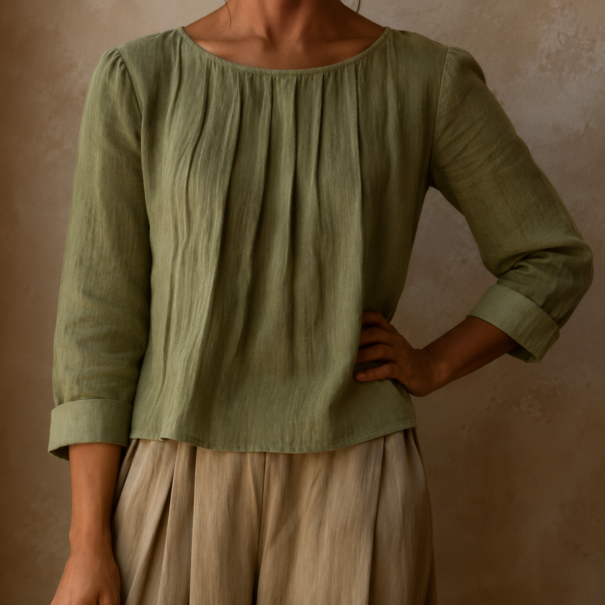 Linned Bluse Dame med Plissé – Trekvart Ærmer Sommerbluse