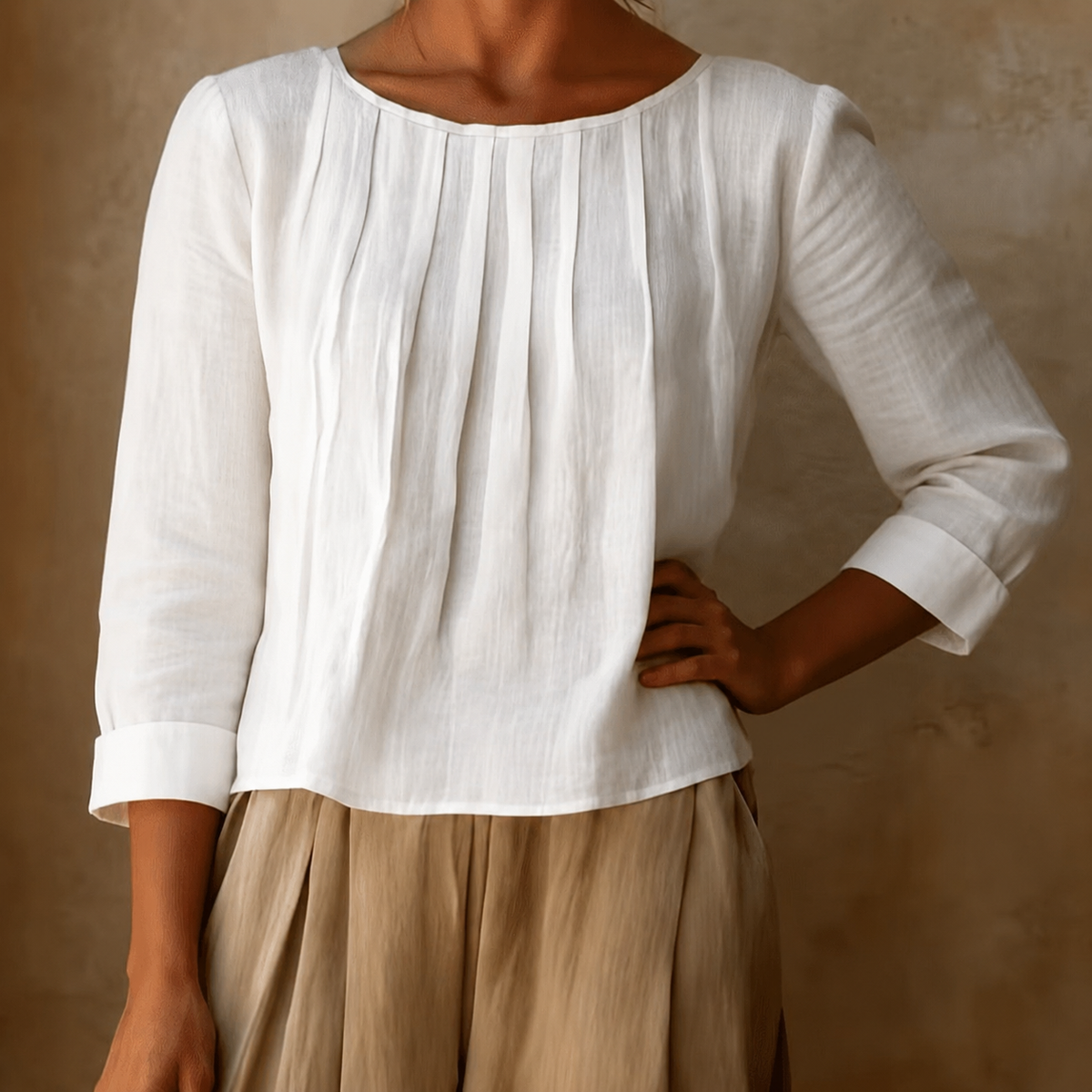 Linned Bluse Dame med Plissé – Trekvart Ærmer Sommerbluse
