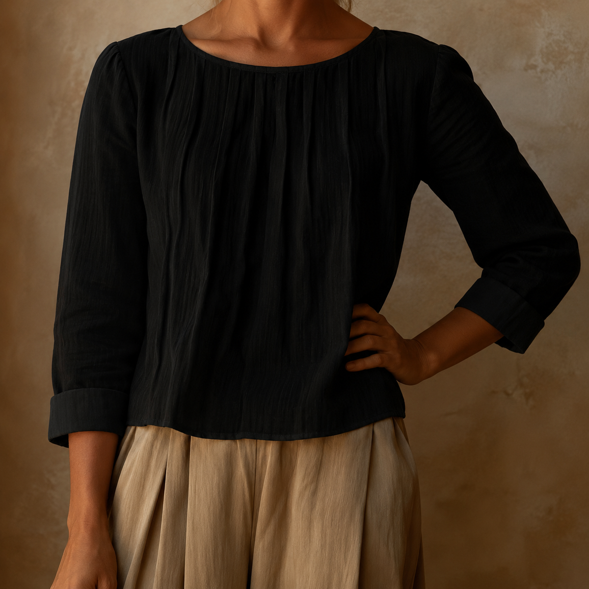 Linned Bluse Dame med Plissé – Trekvart Ærmer Sommerbluse