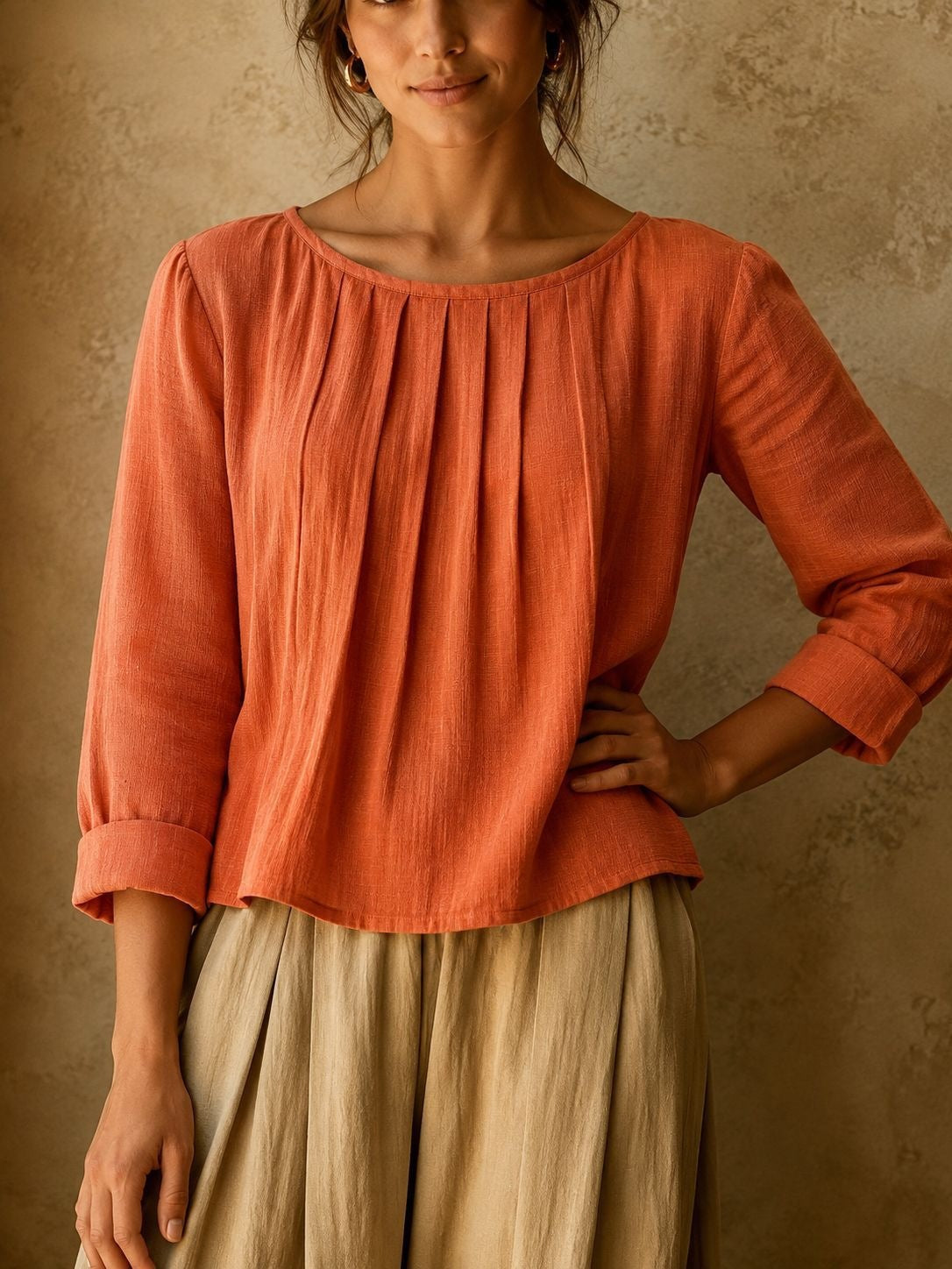 Linned Bluse Dame med Plissé – Trekvart Ærmer Sommerbluse