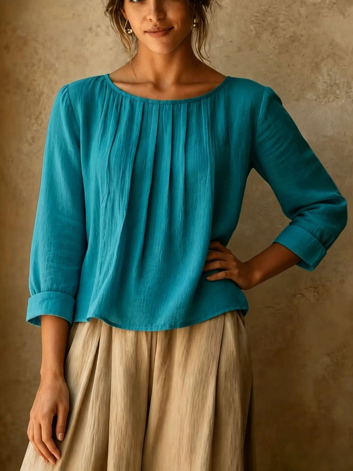 Linned Bluse Dame med Plissé – Trekvart Ærmer Sommerbluse