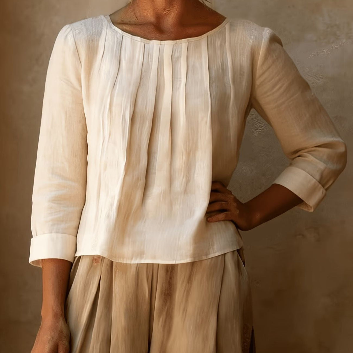 Linned Bluse Dame med Plissé – Trekvart Ærmer Sommerbluse