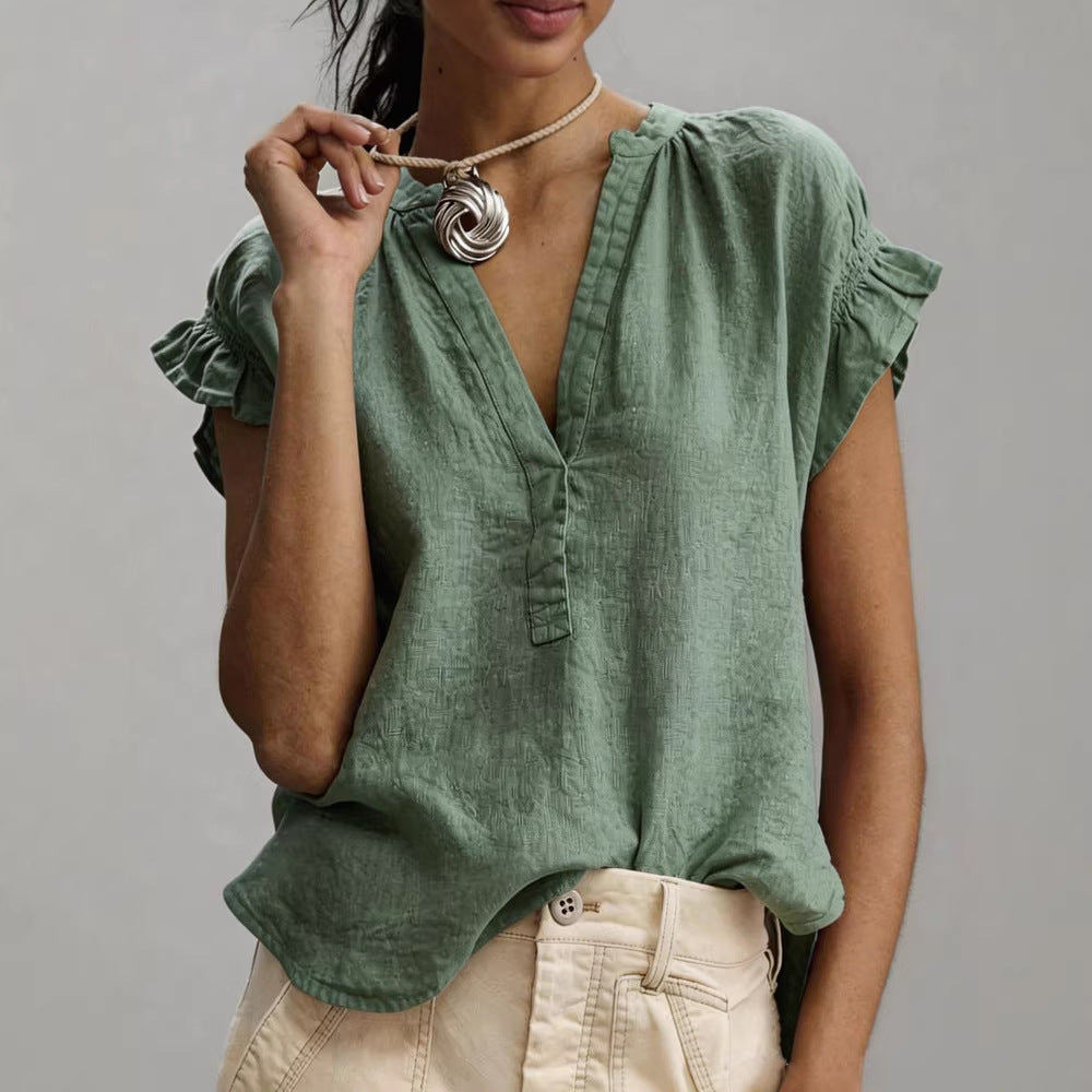 Linned Bluse Dame V-hals – Flæseærmer Sommerbluse