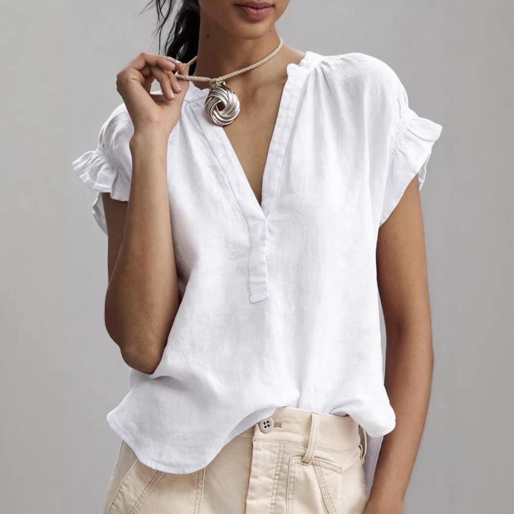 Linned Bluse Dame V-hals – Flæseærmer Sommerbluse