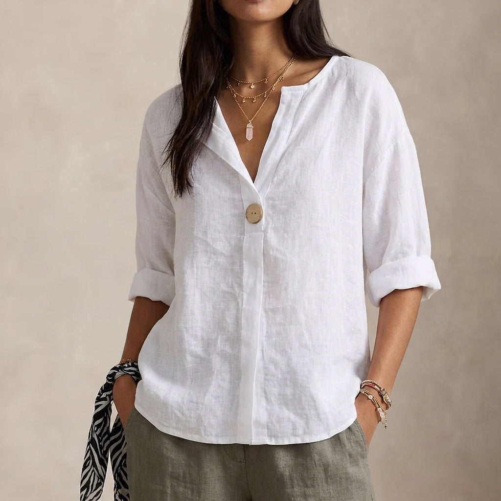 Linned Bluse Dame V-hals – Enkelt Knap Sommerbluse