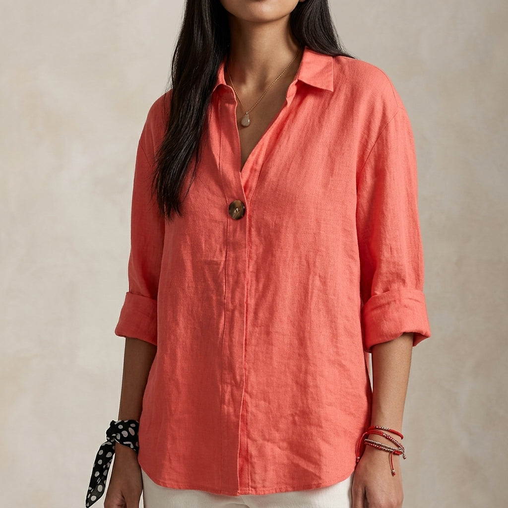 Linned Bluse Dame V-hals – Enkelt Knap Sommerbluse