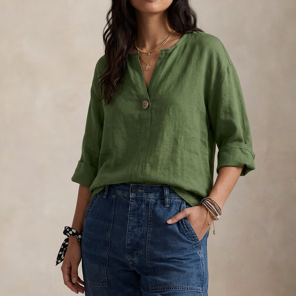 Linned Bluse Dame V-hals – Enkelt Knap Sommerbluse