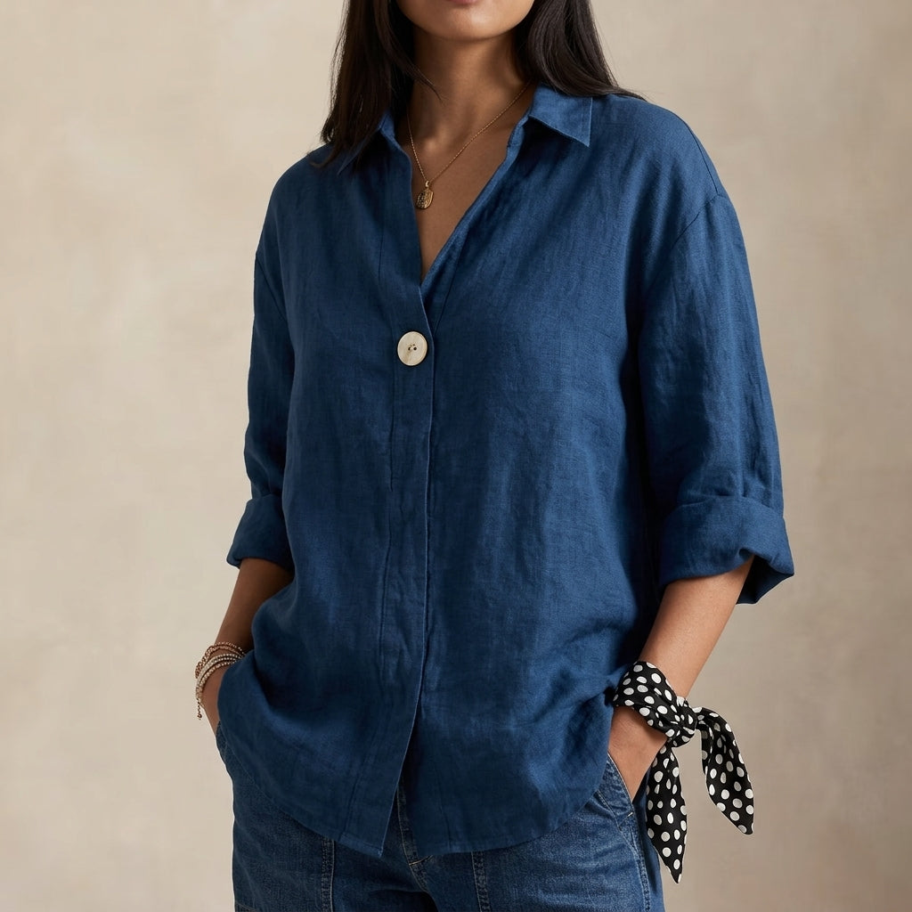 Linned Bluse Dame V-hals – Enkelt Knap Sommerbluse