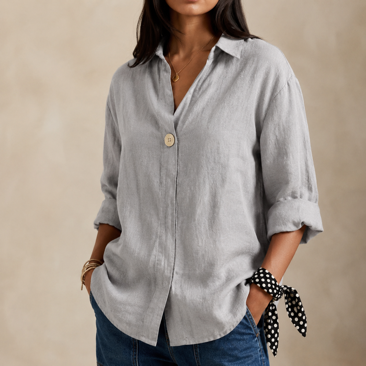 Linned Bluse Dame V-hals – Enkelt Knap Sommerbluse