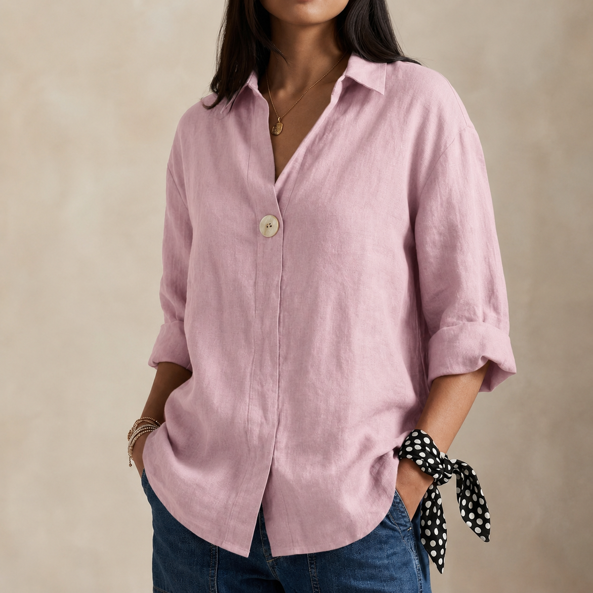 Linned Bluse Dame V-hals – Enkelt Knap Sommerbluse