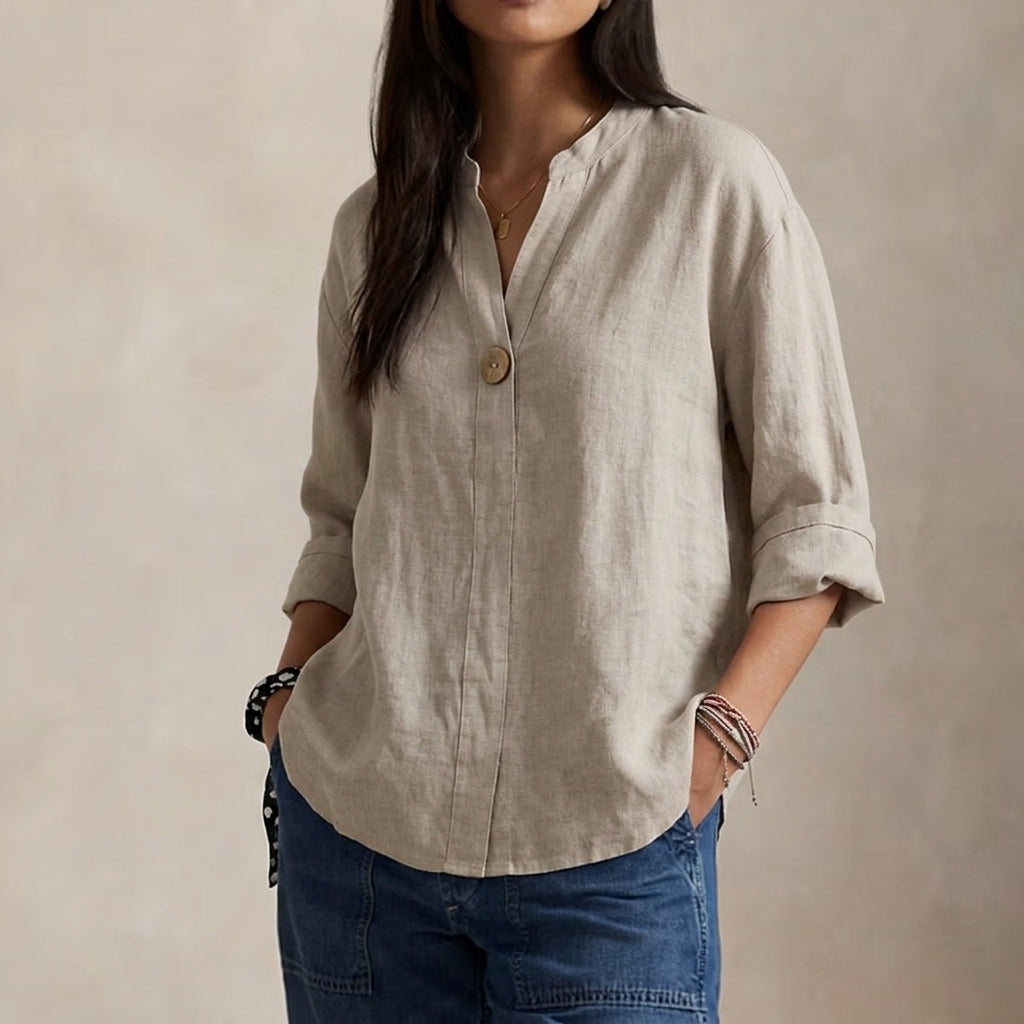 Linned Bluse Dame V-hals – Enkelt Knap Sommerbluse