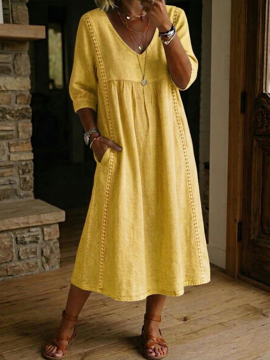 Linen Midi Dress Women V-Neck – Lace Trim Summer Dress