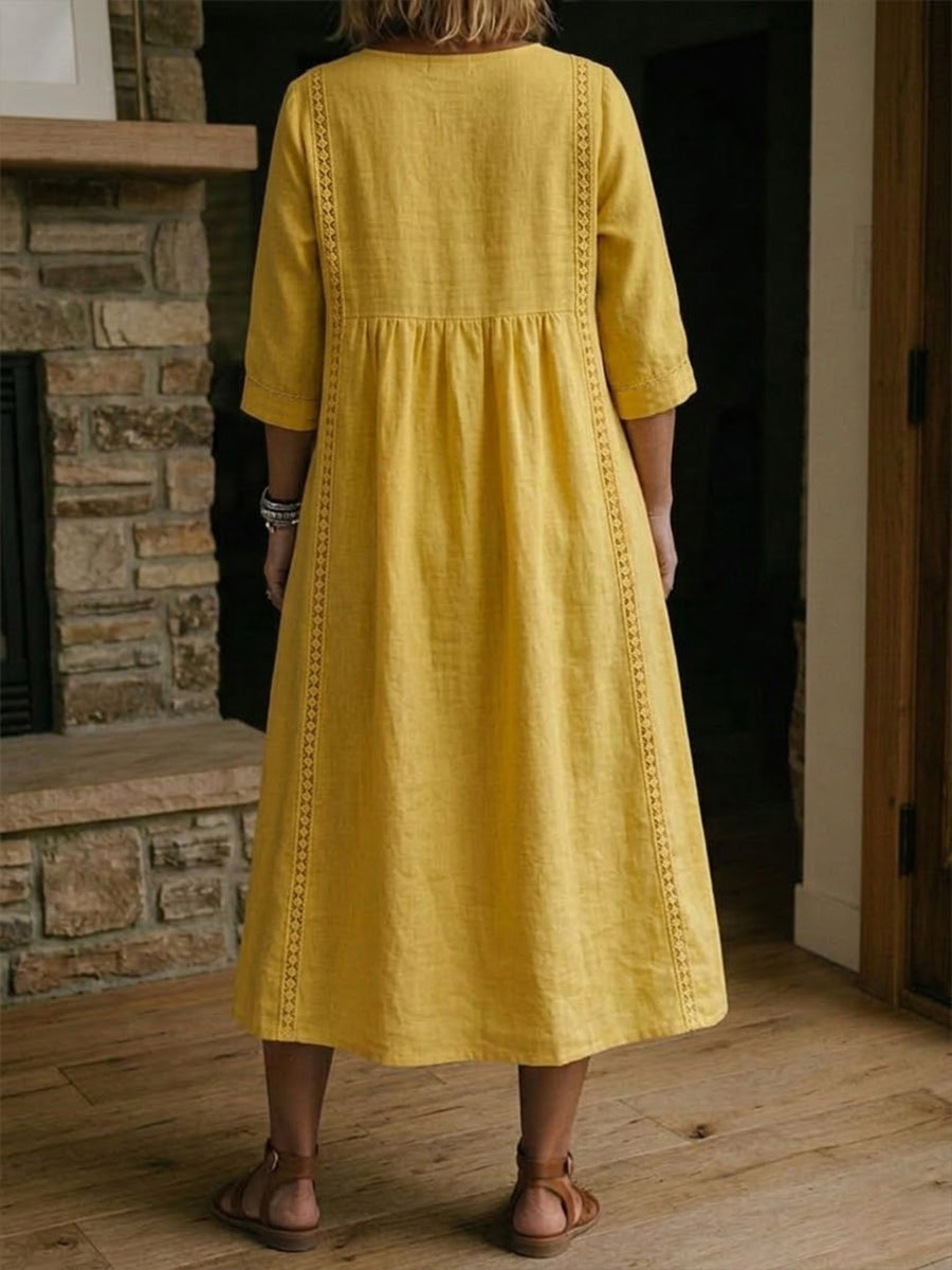 Linen Midi Dress Women V-Neck – Lace Trim Summer Dress