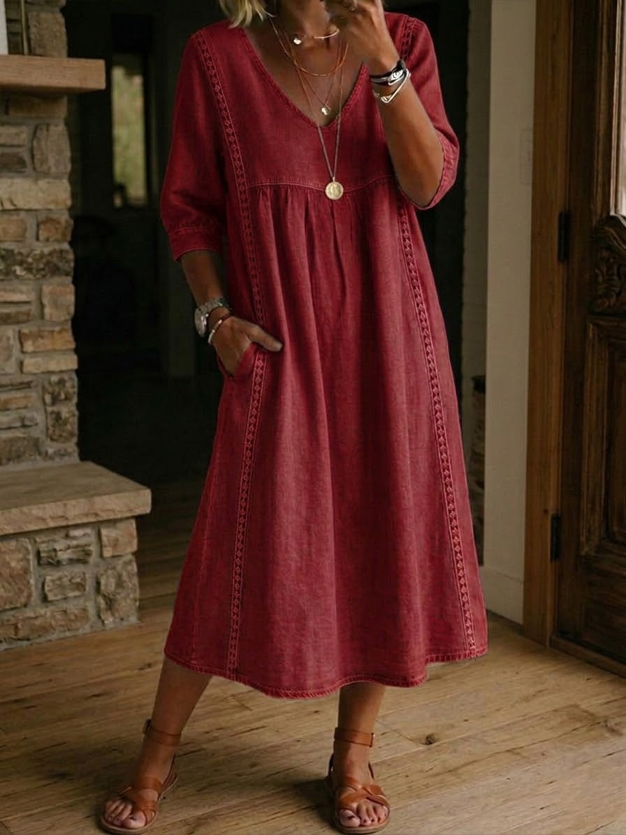 Linen Midi Dress Women V-Neck – Lace Trim Summer Dress