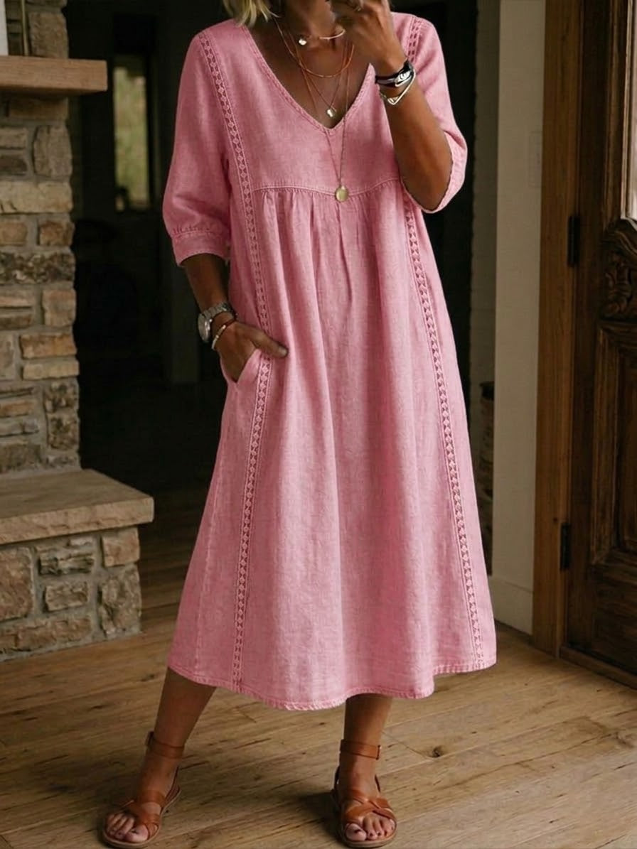 Linen Midi Dress Women V-Neck – Lace Trim Summer Dress