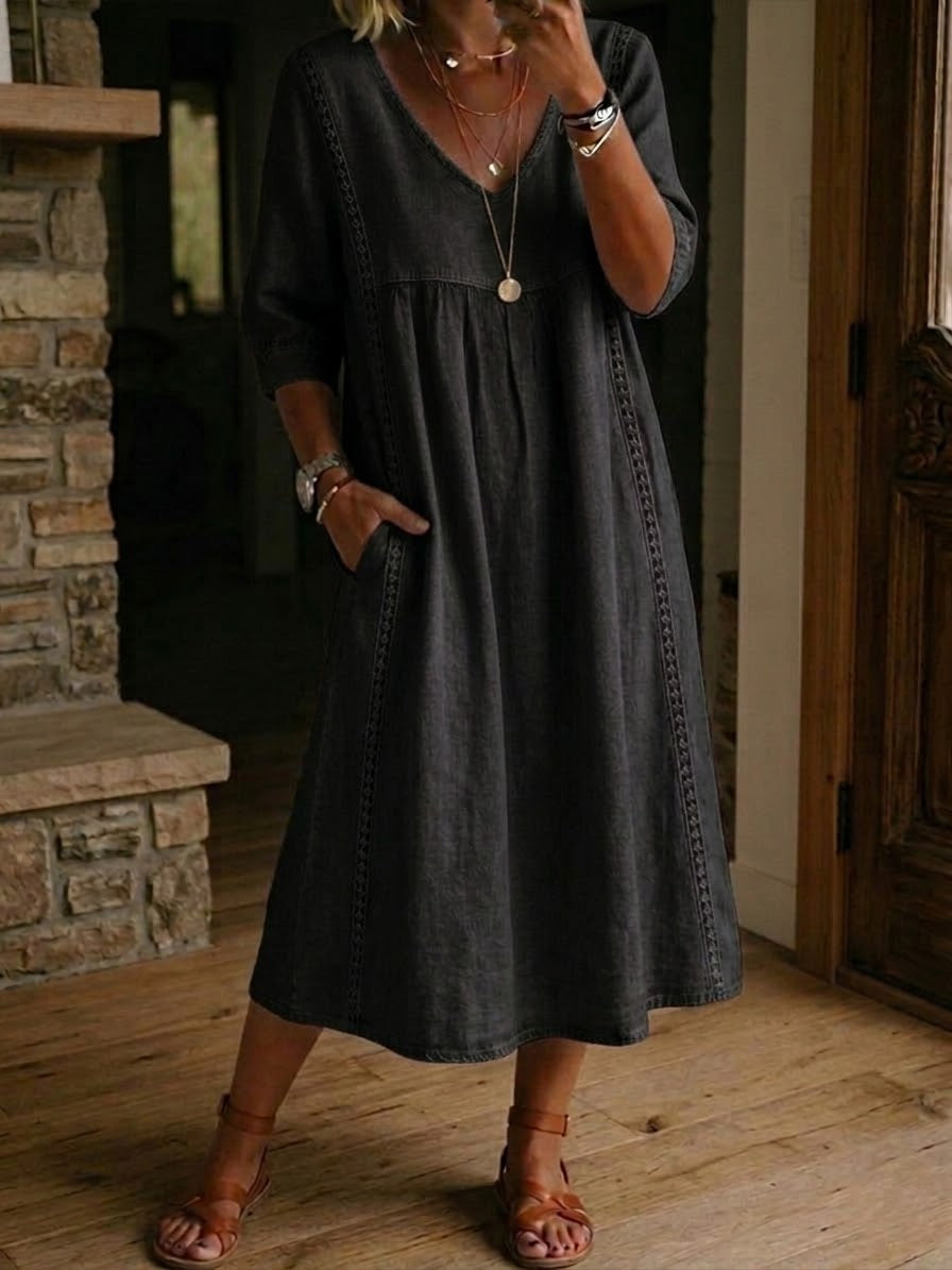 Linen Midi Dress Women V-Neck – Lace Trim Summer Dress