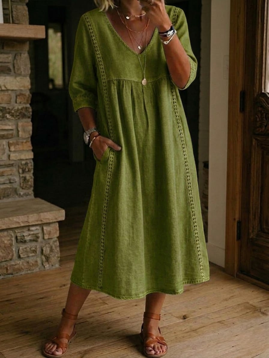Linen Midi Dress Women V-Neck – Lace Trim Summer Dress