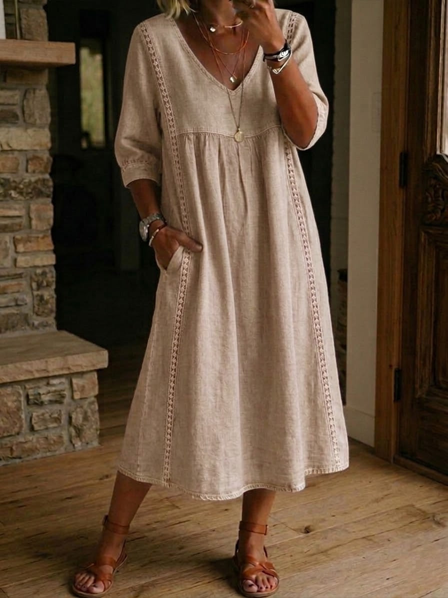 Linen Midi Dress Women V-Neck – Lace Trim Summer Dress
