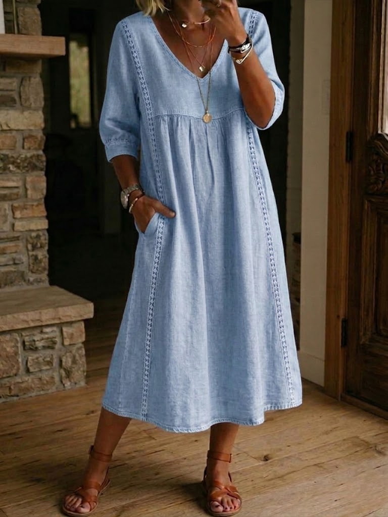 Linen Midi Dress Women V-Neck – Lace Trim Summer Dress