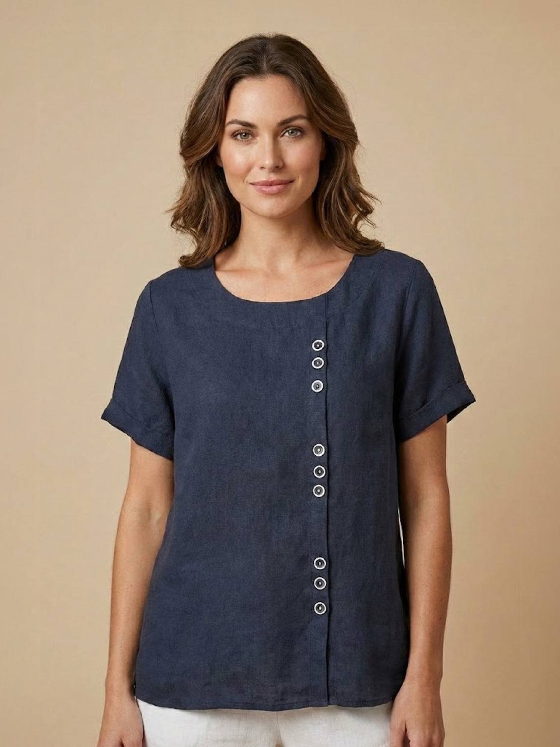 Linned Top Dame med Knapper – Løs Bluse med Korte Ærmer