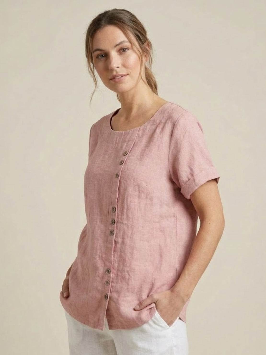 Linned Top Dame med Knapper – Løs Bluse med Korte Ærmer