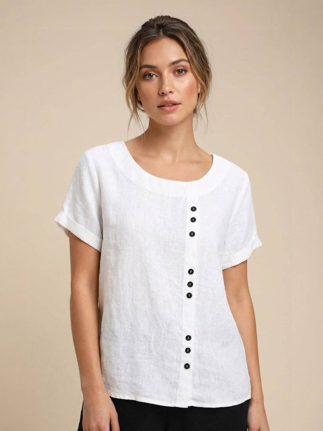 Linned Top Dame med Knapper – Løs Bluse med Korte Ærmer