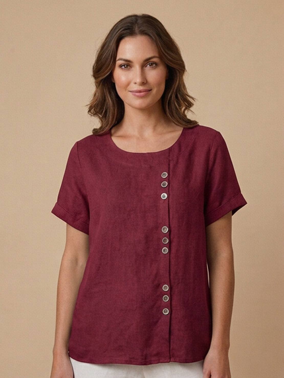 Linned Top Dame med Knapper – Løs Bluse med Korte Ærmer