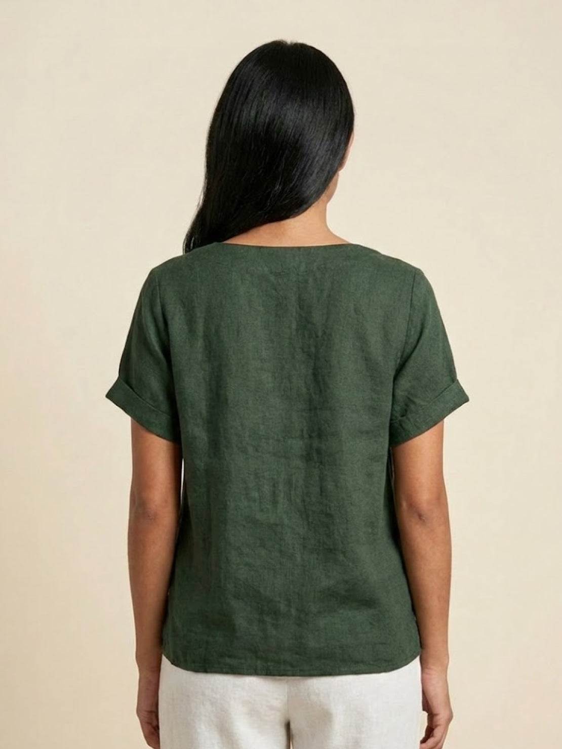 Linned Top Dame med Knapper – Løs Bluse med Korte Ærmer