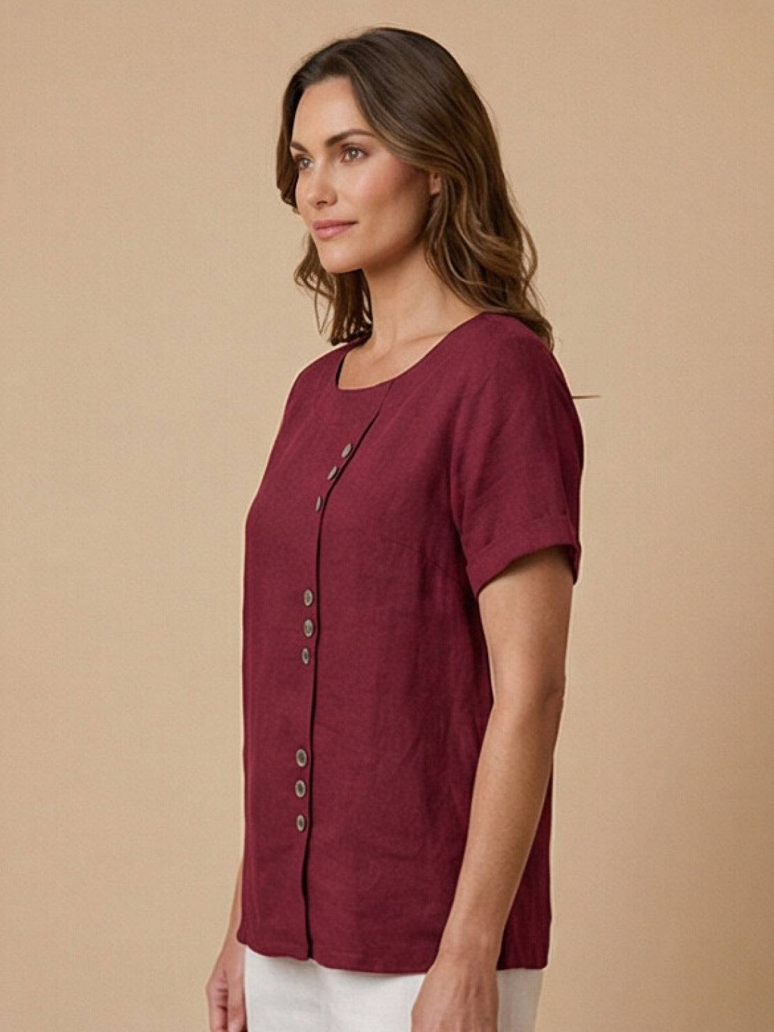 Linned Top Dame med Knapper – Løs Bluse med Korte Ærmer